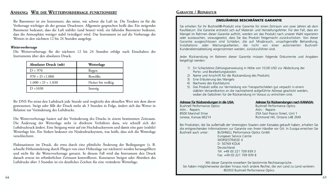 Bushnell 70-0102 instruction manual Anhang WIE DIE Wettervorhersage Funktioniert 