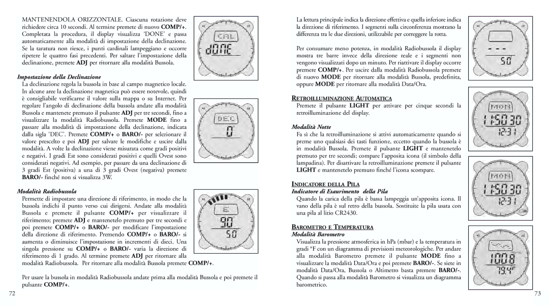 Bushnell 70-0102 Impostazione della Declinazione, Modalità Radiobussola, Modalità Notte, Modalità Barometro 