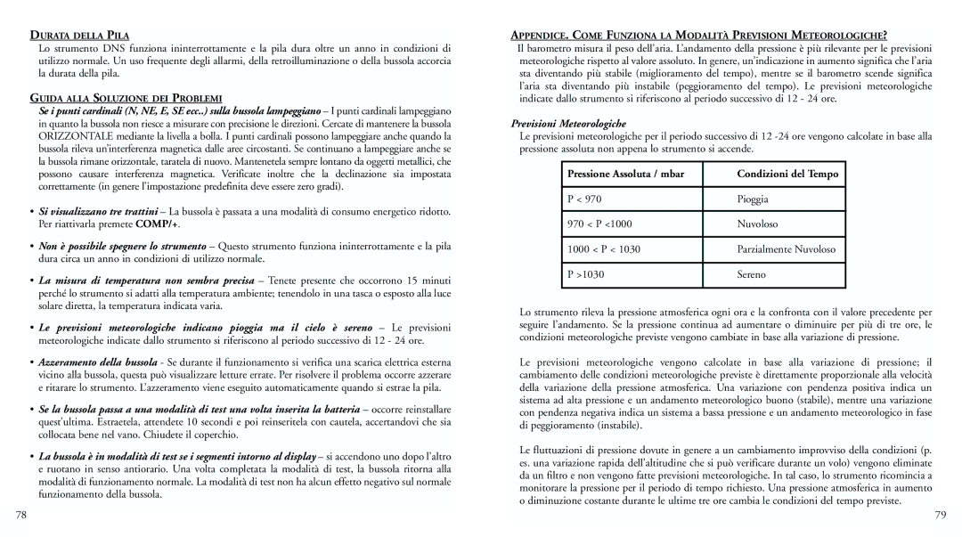 Bushnell 70-0102 instruction manual Previsioni Meteorologiche, Pressione Assoluta / mbar Condizioni del Tempo 