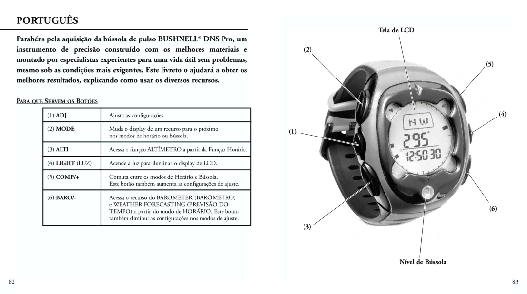 Bushnell 70-0102 instruction manual Tela de LCD Nível de Bússola, Light LUZ 