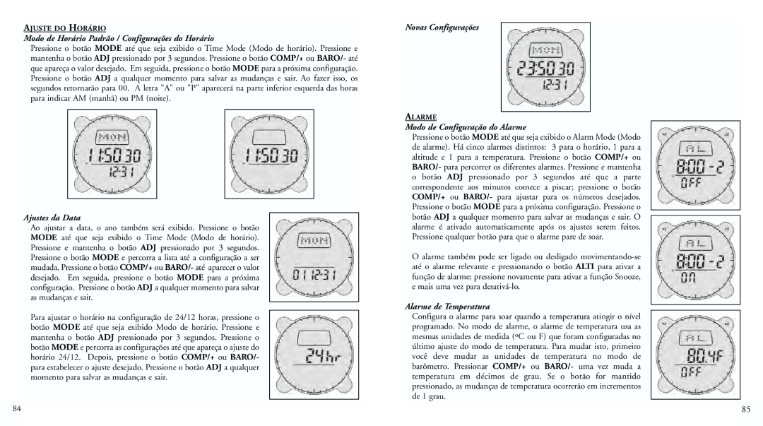 Bushnell 70-0102 instruction manual Modo de Horário Padrão / Configurações do Horário, Ajustes da Data, Novas Configurações 