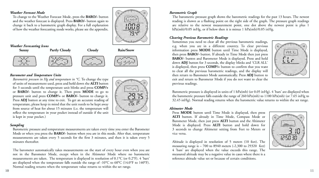 Bushnell 70-0102 Weather Forecast Mode, Barometer and Temperature Units, Sampling, Barometric Graph, Altimeter Mode 