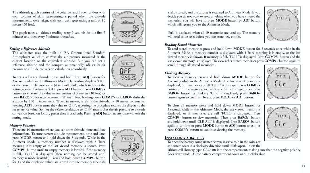 Bushnell 70-0102 instruction manual Setting a Reference Altitude, Memory Function, Reading Stored Memories, Clearing Memory 