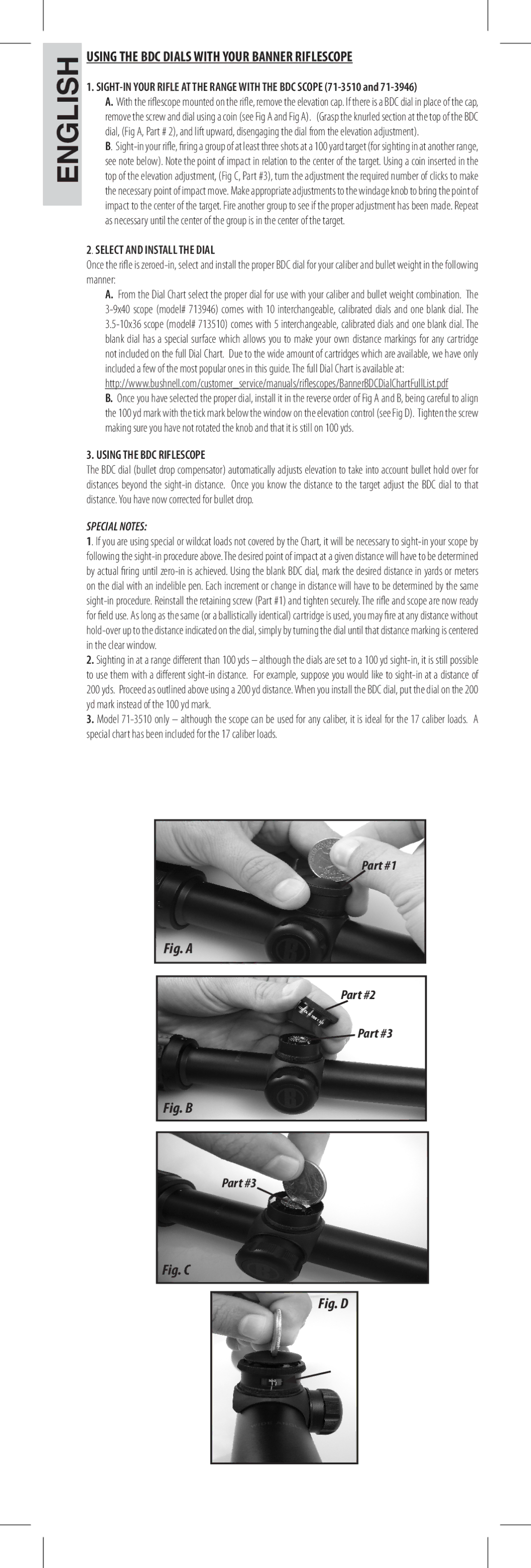 Bushnell 71-3946, 71-3510 instruction manual Select and Install the Dial, Using the BDC Riflescope, Special Notes 