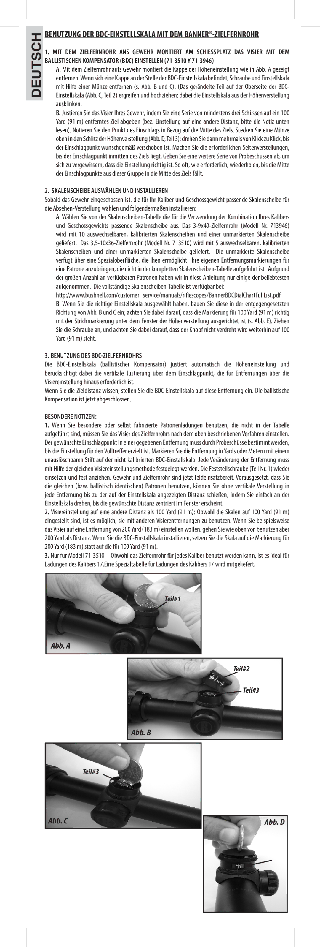 Bushnell 71-3946, 71-3510 Skalenscheibe Auswählen UND Installieren, Benutzung DES BDC-ZIELFERNROHRS, Besondere Notizen 