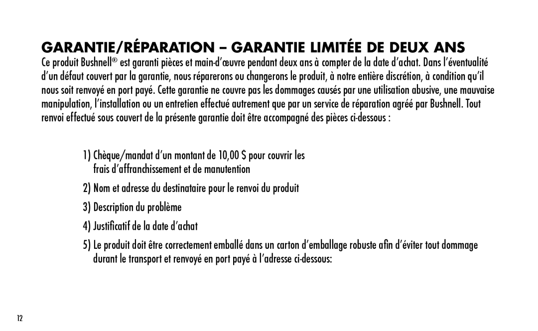 Bushnell 730001 manual GARANTIE/RÉPARATION Garantie Limitée DE Deux ANS 