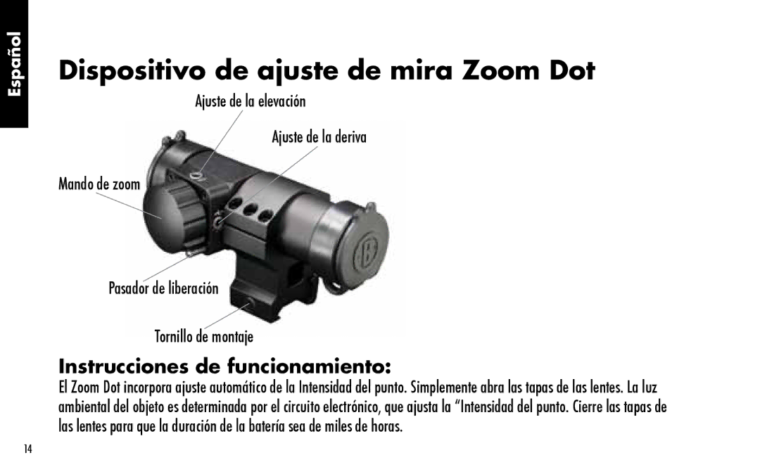 Bushnell 730001 manual Dispositivo de ajuste de mira Zoom Dot, Instrucciones de funcionamiento 