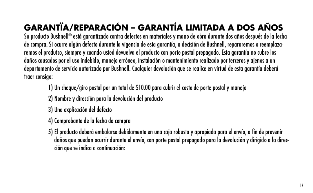 Bushnell 730001 manual GARANTÏA/REPARACIÓN Garantía Limitada a DOS Años 