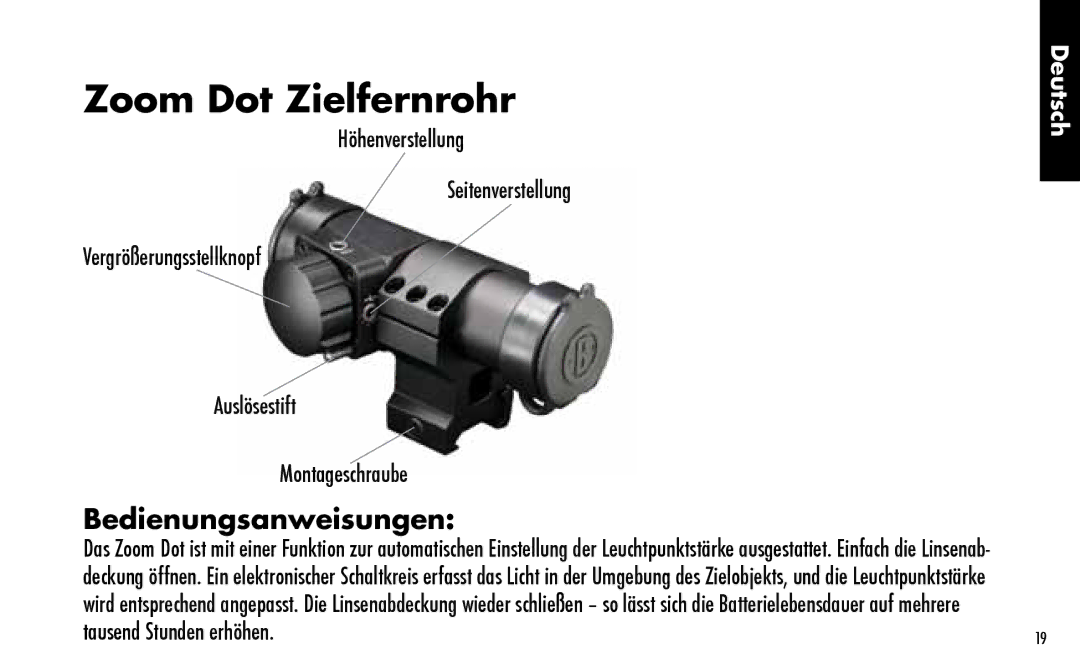 Bushnell 730001 manual Zoom Dot Zielfernrohr, Bedienungsanweisungen 