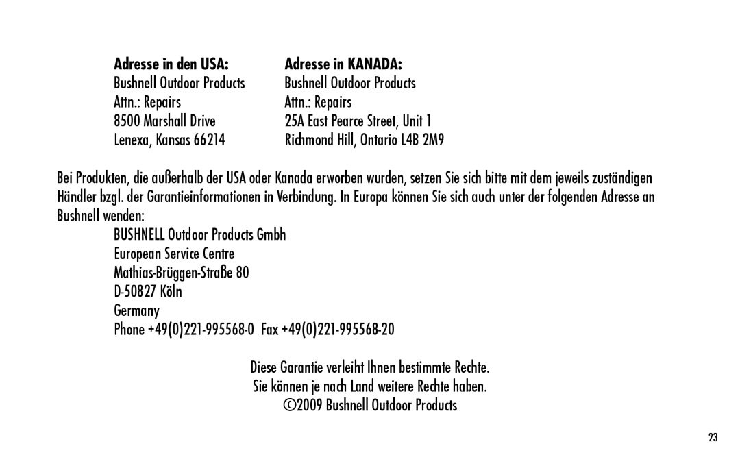 Bushnell 730001 manual Adresse in den USA Adresse in Kanada 