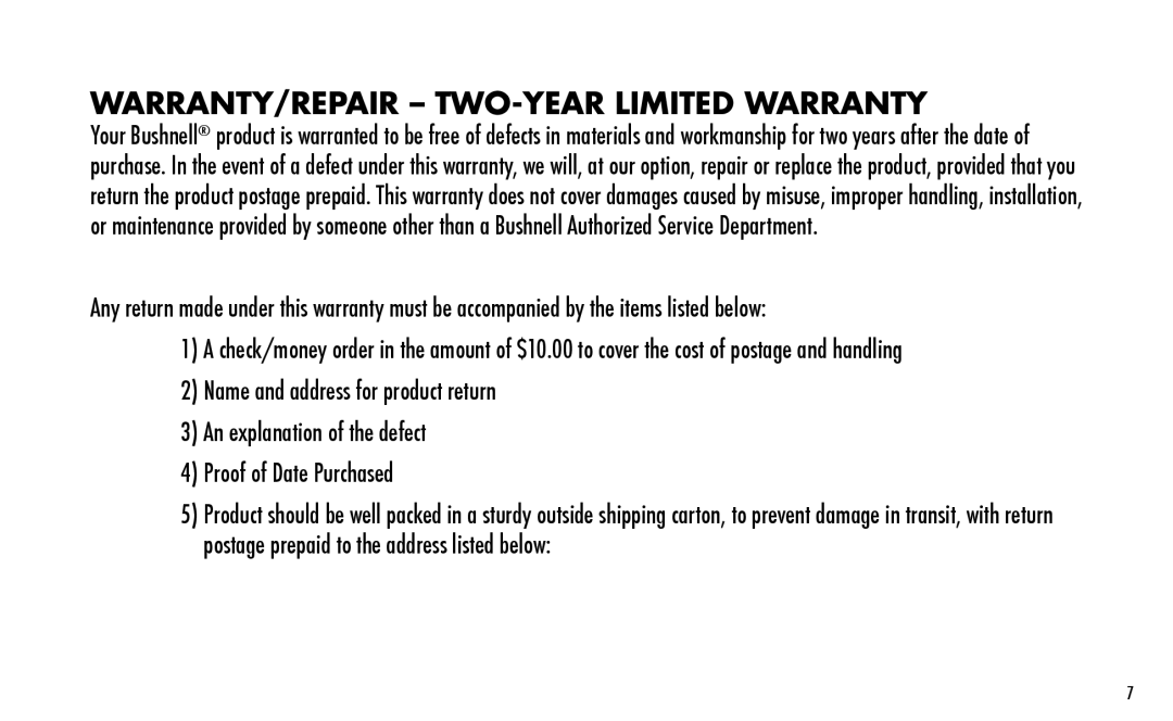 Bushnell 730001 manual WARRANTY/REPAIR TWO-YEAR Limited Warranty 