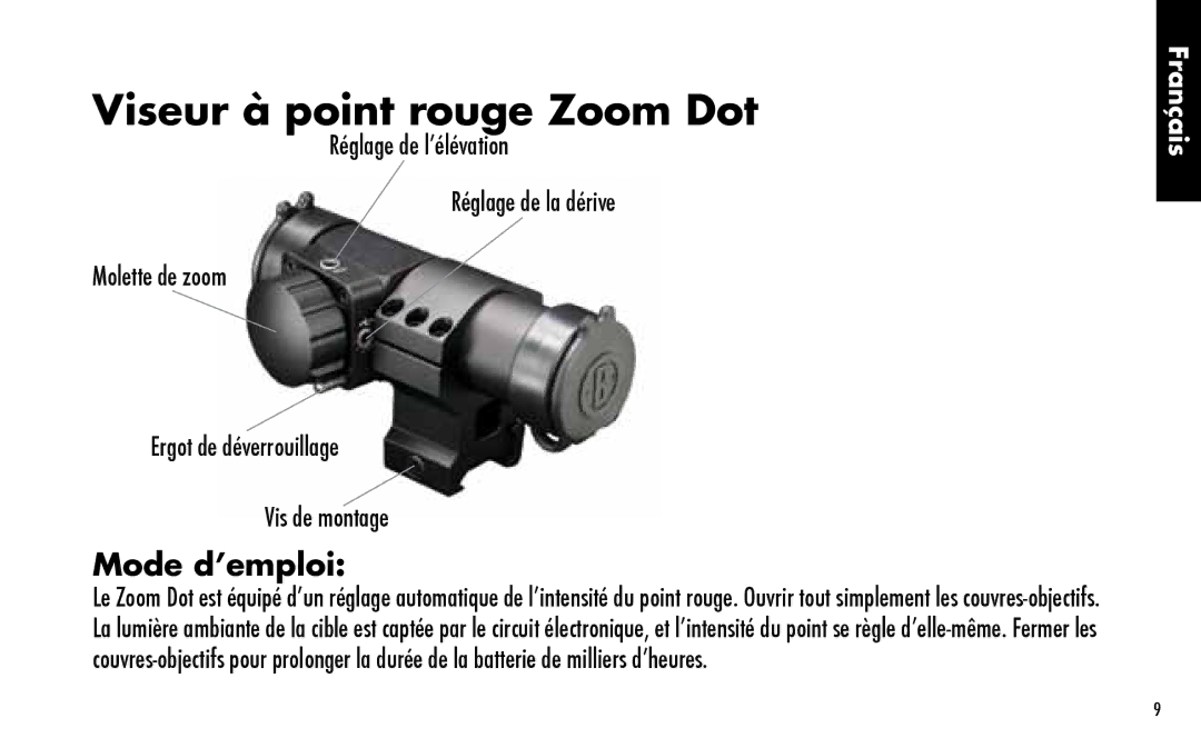 Bushnell 730001 manual Viseur à point rouge Zoom Dot, Mode d’emploi 