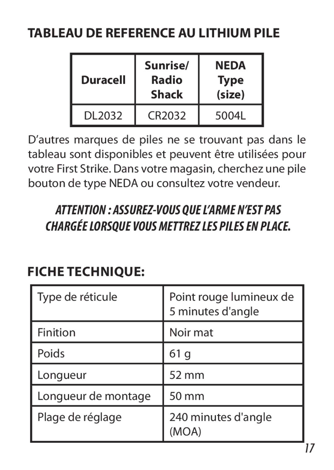 Bushnell 730005 manual Tableau DE Reference AU Lithium Pile, Fiche technique 