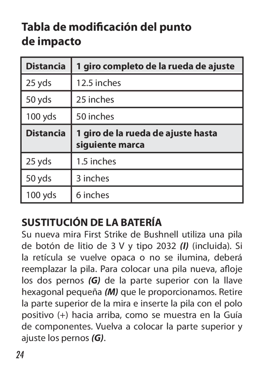 Bushnell 730005 manual Sustitución DE LA Batería, Distancia Giro de la rueda de ajuste hasta Siguiente marca 