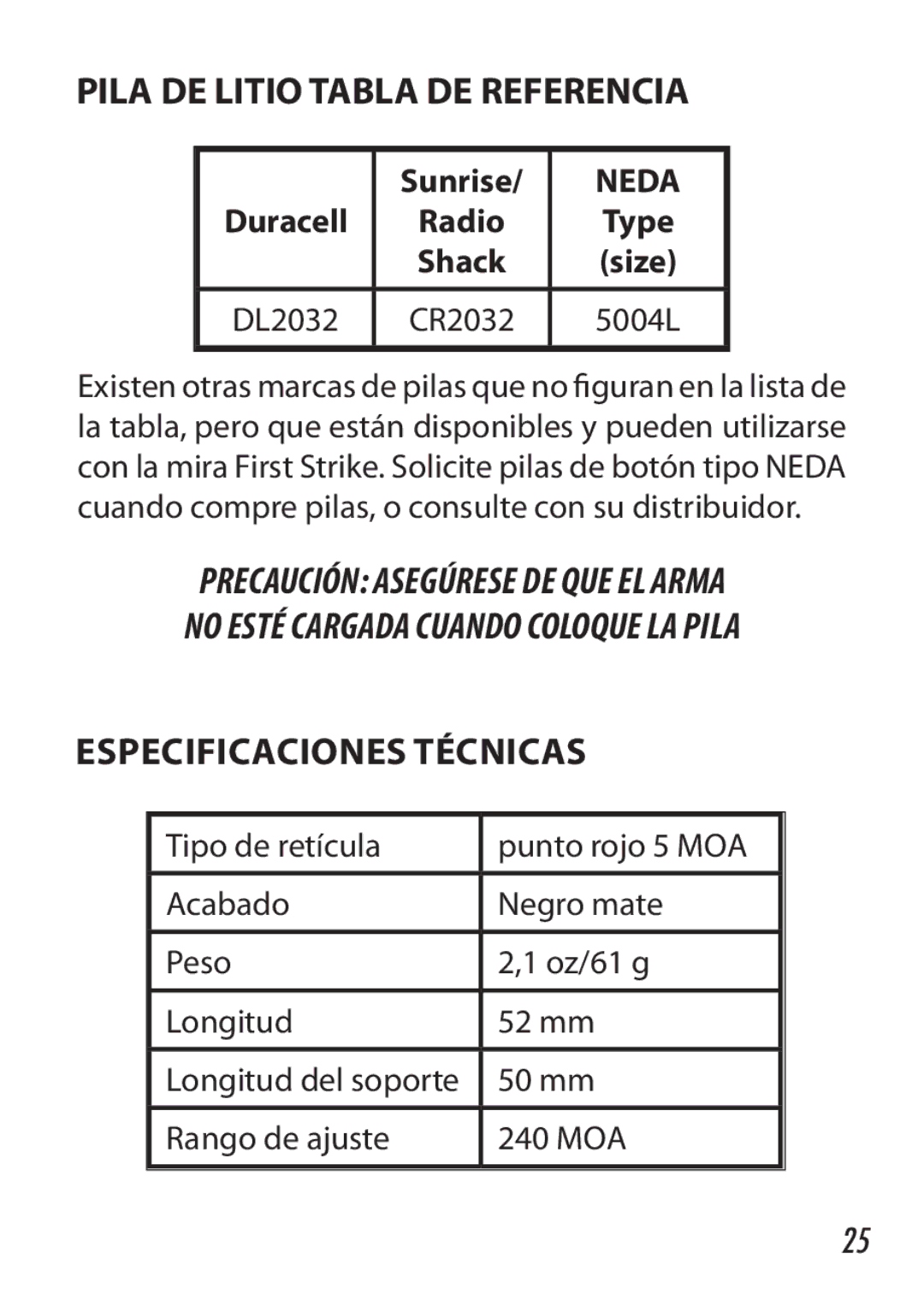 Bushnell 730005 manual Pila DE Litio Tabla DE Referencia, Especificaciones técnicas 