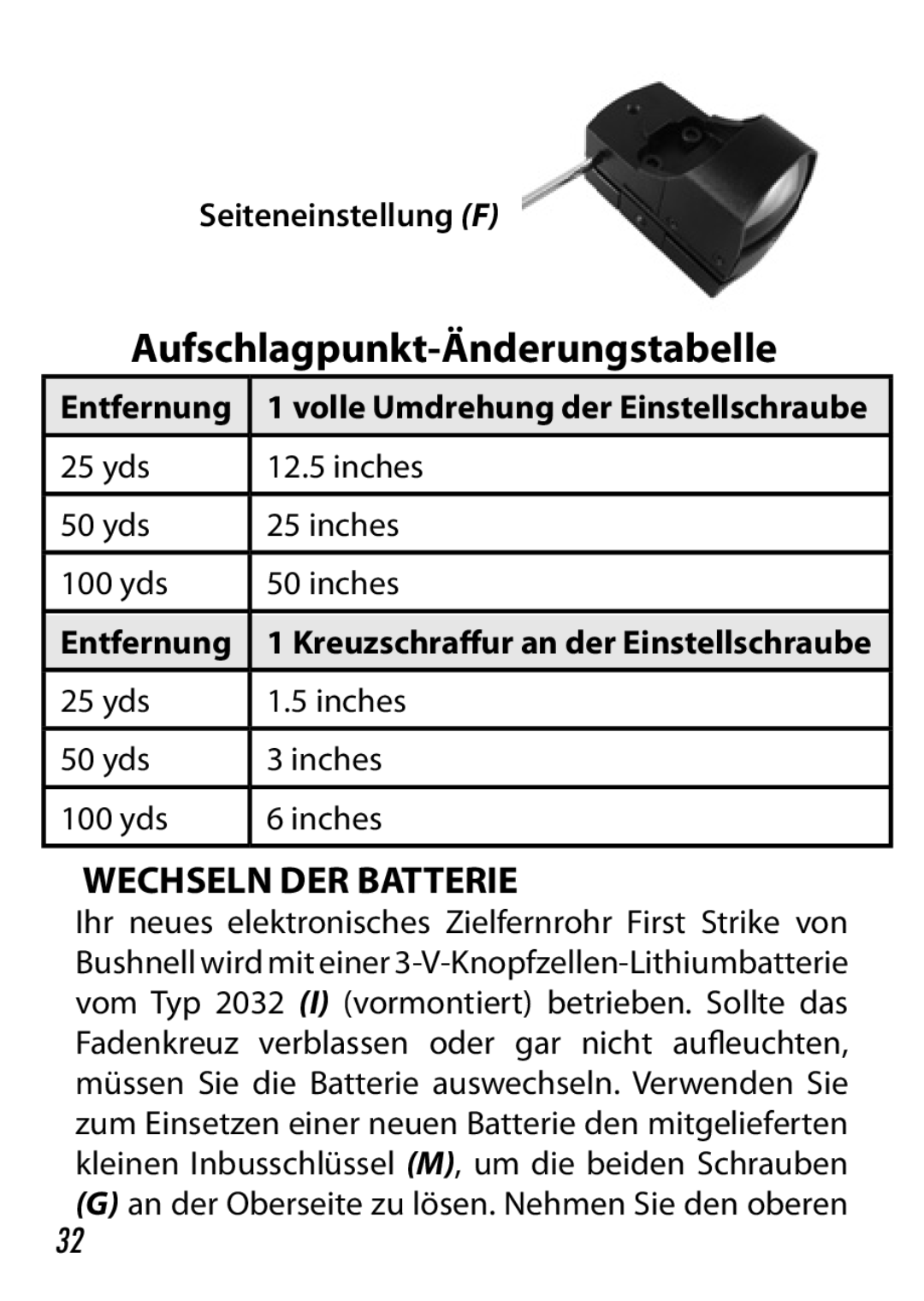 Bushnell 730005 manual Wechseln DER Batterie, Seiteneinstellung F 