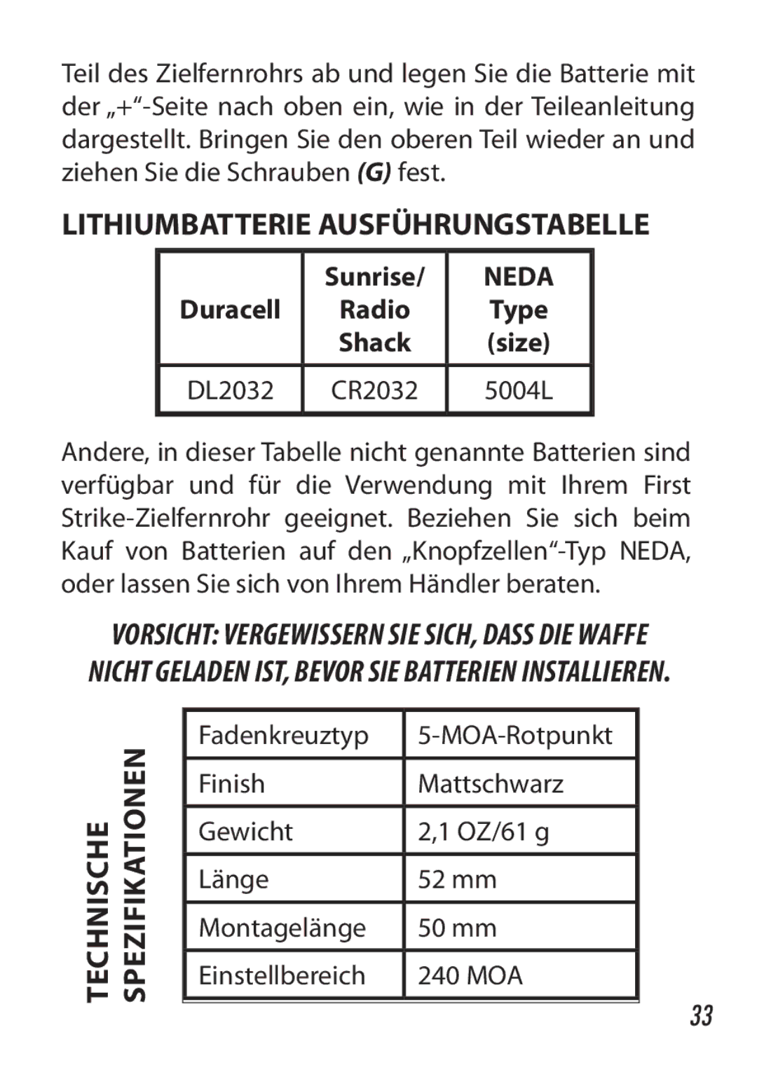 Bushnell 730005 manual Lithiumbatterie Ausführungstabelle, Sunrise 