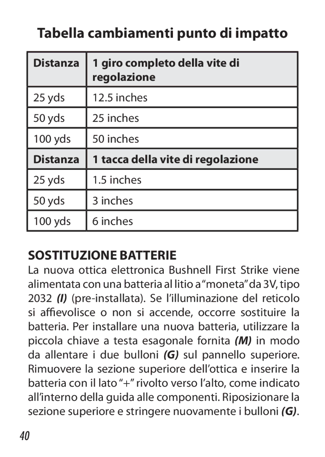 Bushnell 730005 manual Sostituzione Batterie, Distanza Giro completo della vite di Regolazione 