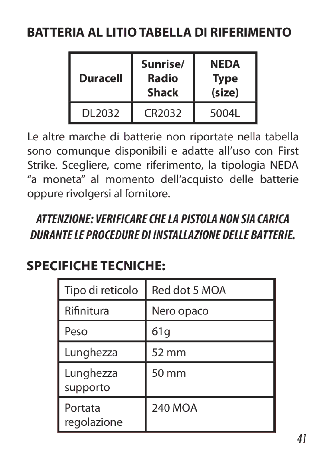 Bushnell 730005 manual Batteria AL Litio Tabella DI Riferimento, Specifiche tecniche 