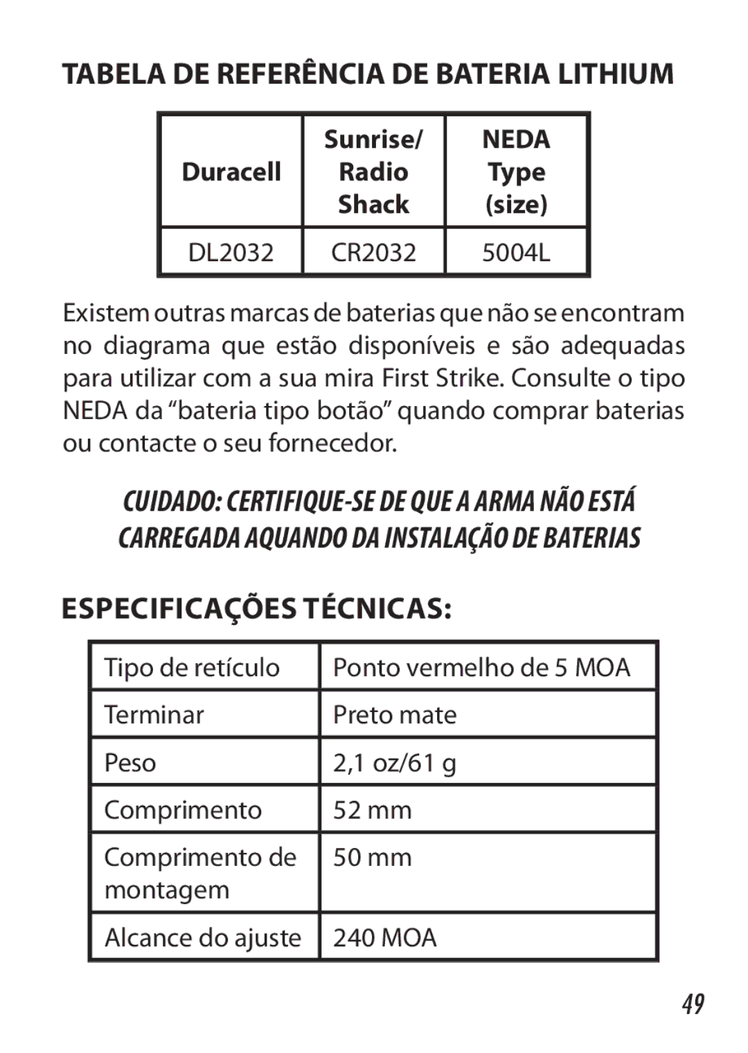 Bushnell 730005 manual Tabela DE Referência DE Bateria Lithium, Especificações técnicas 