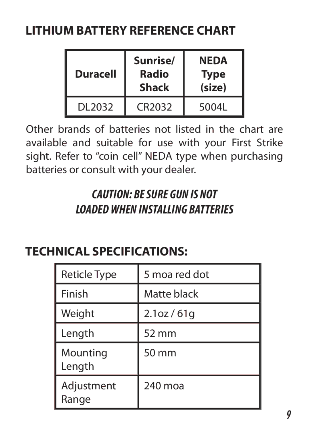 Bushnell 730005 manual Lithium Battery Reference Chart, Technical Specifications, Sunrise 