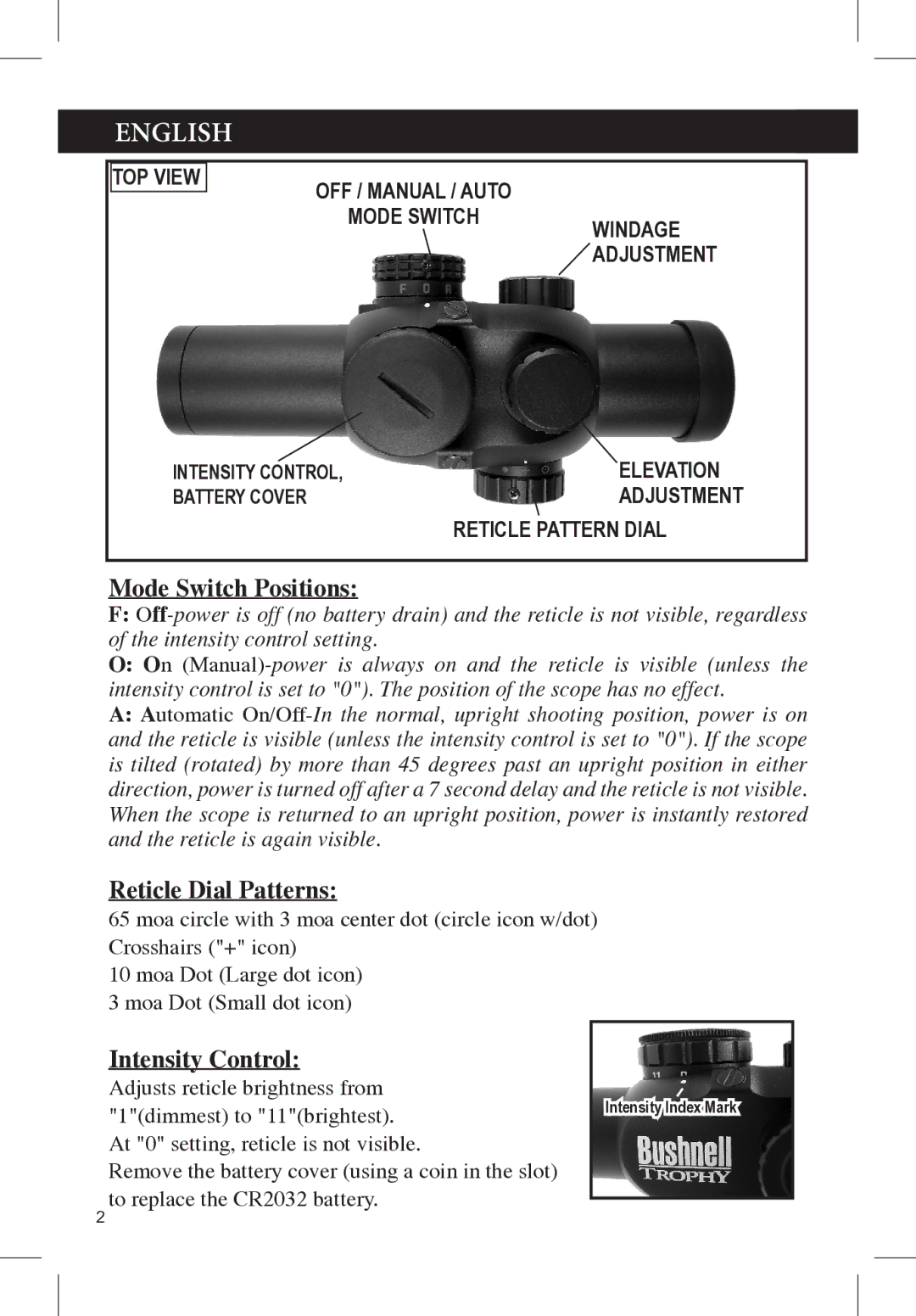 Bushnell 730132A manual Mode Switch Positions, Reticle Dial Patterns, Intensity Control 