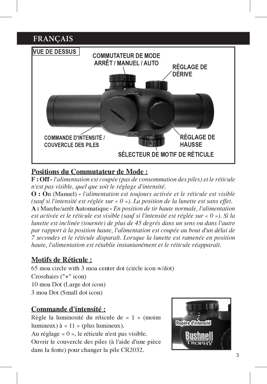 Bushnell 730132A manual Français, Positions du Commutateur de Mode, Motifs de Réticule, Commande dintensité 