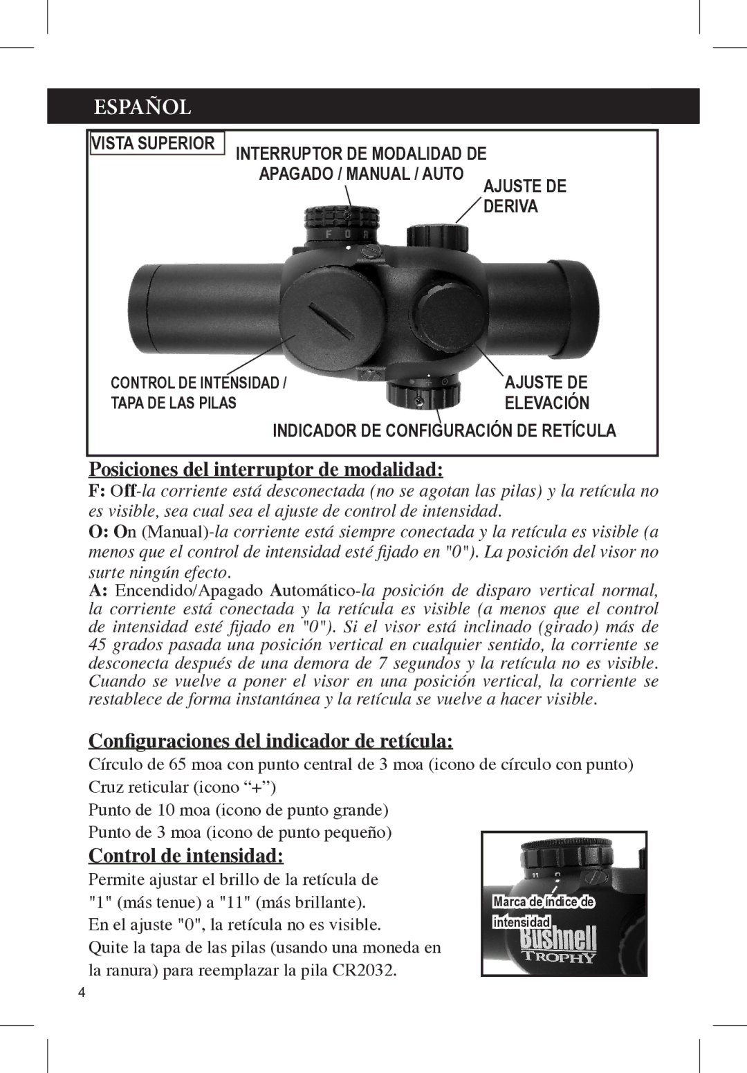 Bushnell 730132A manual Español, Posiciones del interruptor de modalidad, Configuraciones del indicador de retícula 