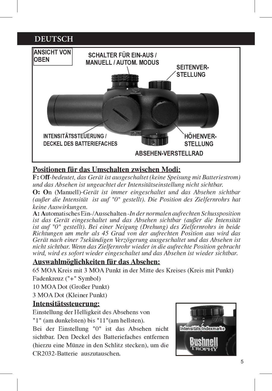 Bushnell 730132A manual Deutsch, Positionen für das Umschalten zwischen Modi, Auswahlmöglichkeiten für das Absehen 