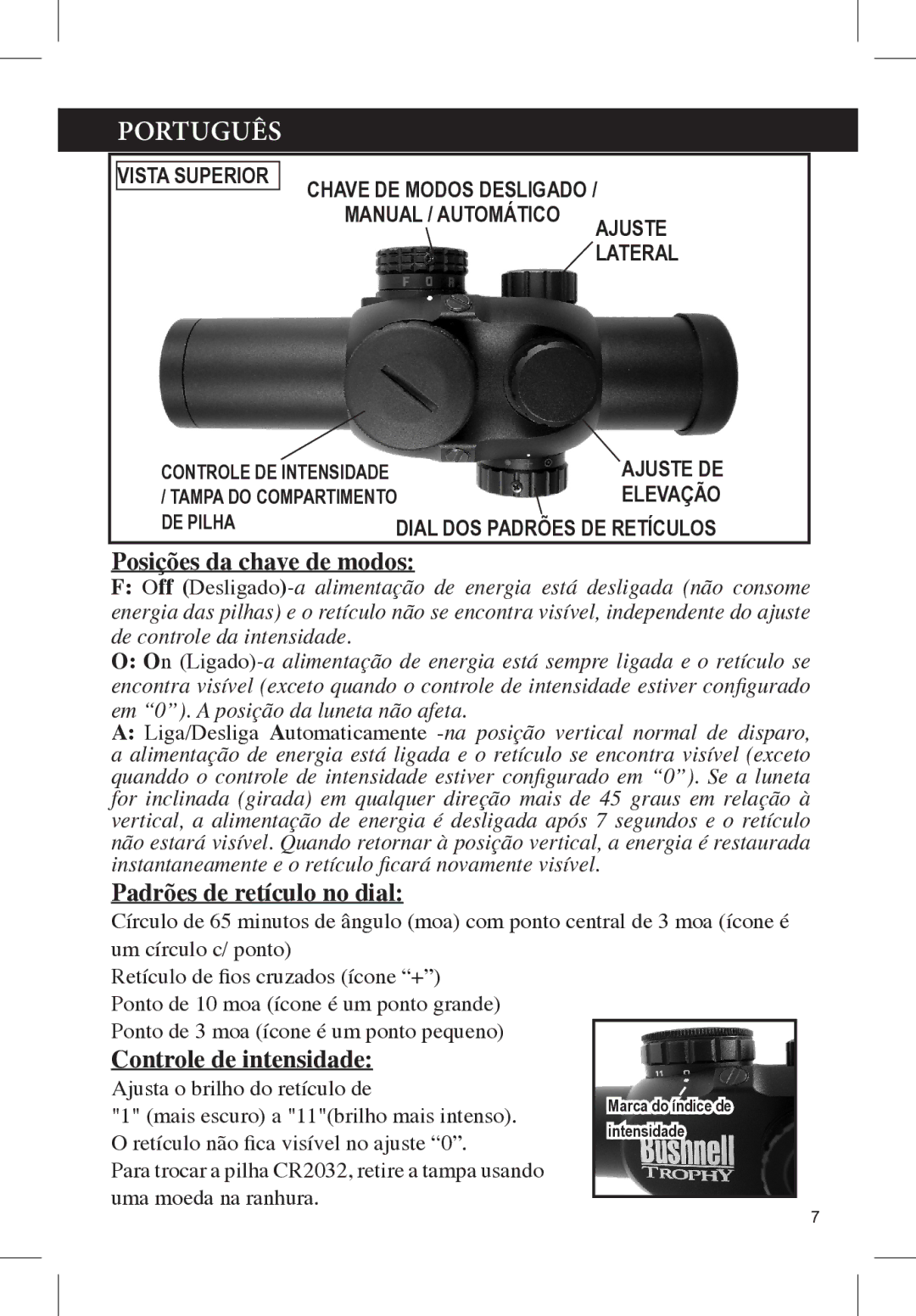 Bushnell 730132A manual Português, Posições da chave de modos, Padrões de retículo no dial, Controle de intensidade 