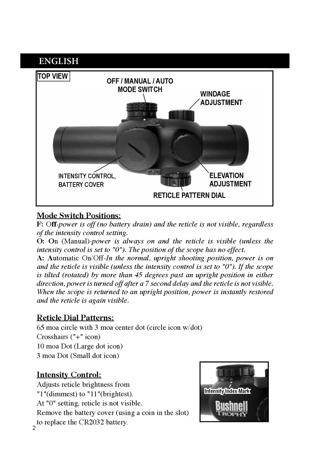 Bushnell 730132A manual Mode Switch Positions, Reticle Dial Patterns, Intensity Control 