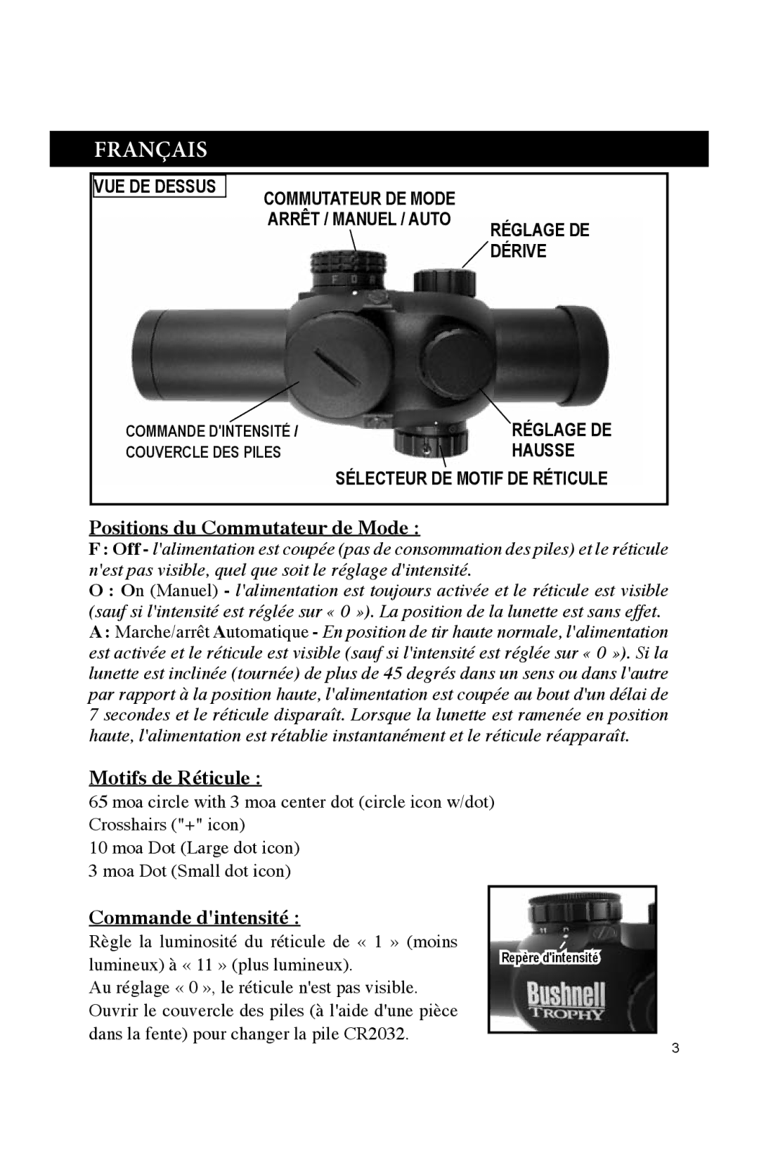 Bushnell 730132A manual Français, Positions du Commutateur de Mode, Motifs de Réticule, Commande dintensité 