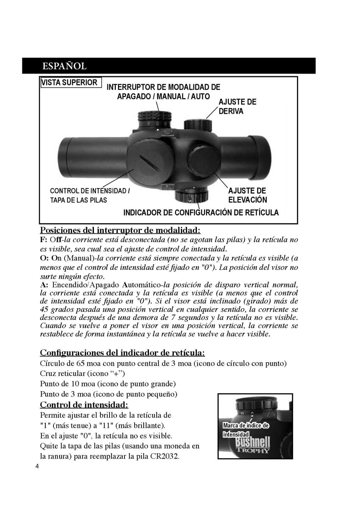 Bushnell 730132A manual Español, Posiciones del interruptor de modalidad, Configuraciones del indicador de retícula 