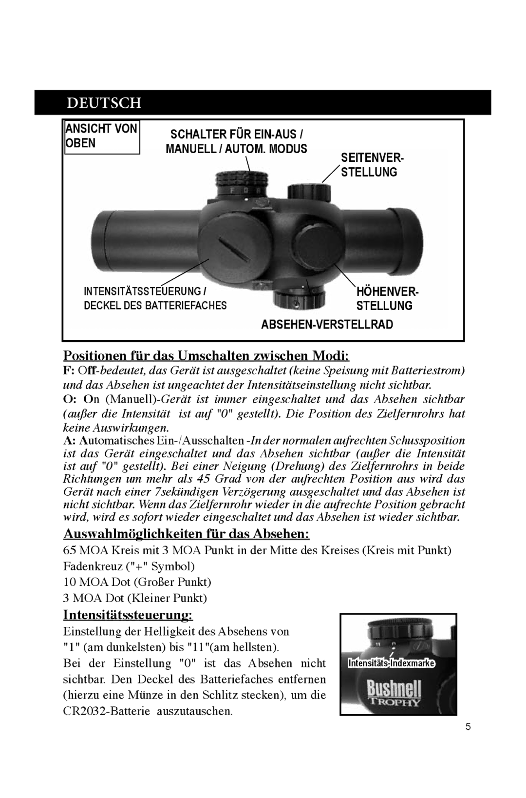 Bushnell 730132A manual Deutsch, Positionen für das Umschalten zwischen Modi, Auswahlmöglichkeiten für das Absehen 