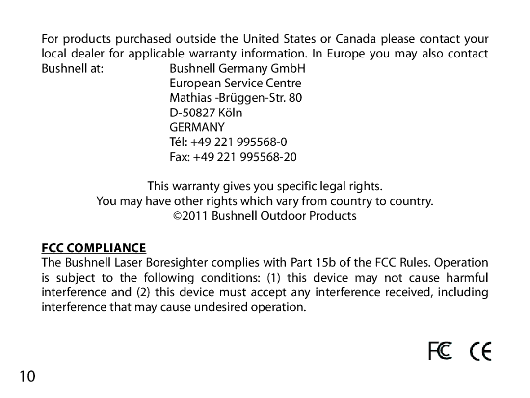 Bushnell 740100 instruction manual Germany, FCC Compliance 