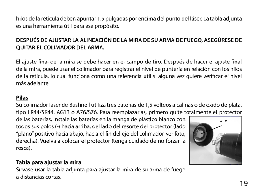 Bushnell 740100 instruction manual Pilas, Tabla para ajustar la mira 