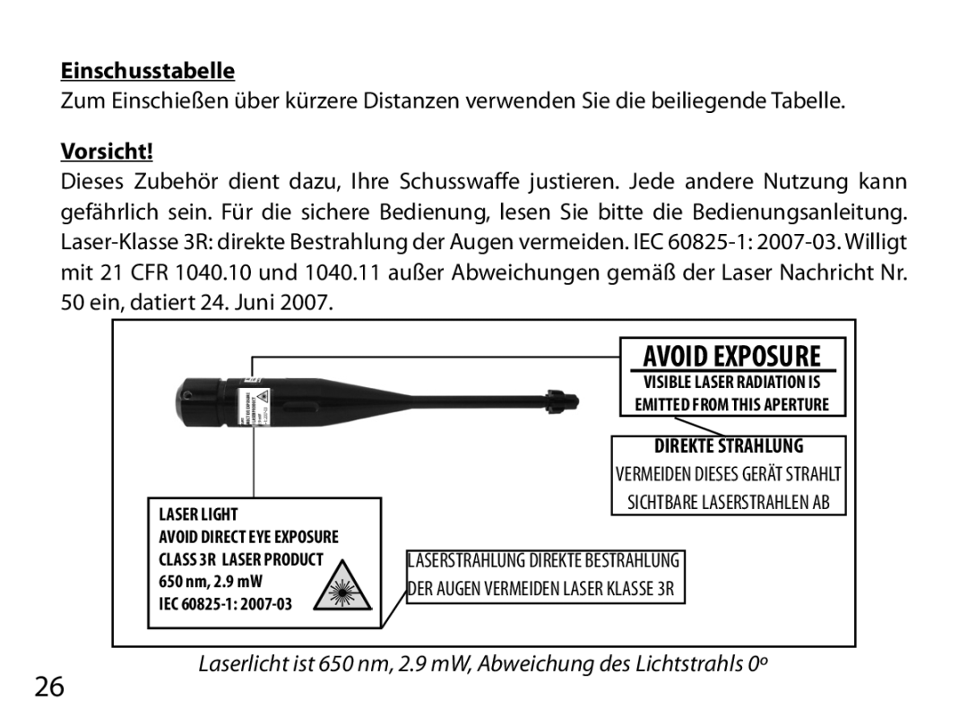 Bushnell 740100 instruction manual Einschusstabelle, Vorsicht 