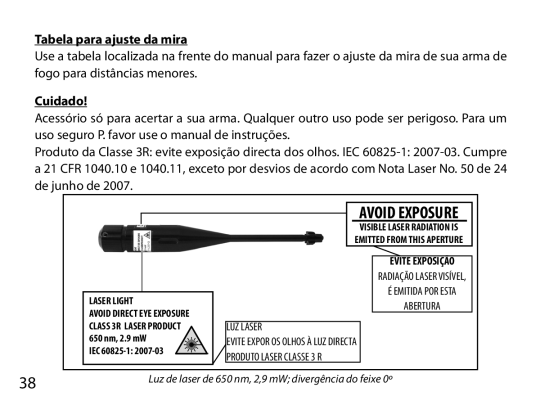 Bushnell 740100 instruction manual Tabela para ajuste da mira, Cuidado 