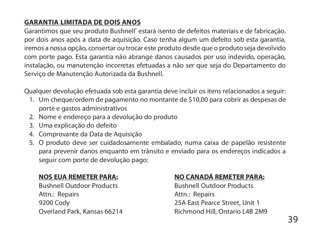 Bushnell 740100 instruction manual Garantia Limitada DE Dois Anos, NOS EUA Remeter Para No Canadá Remeter Para 