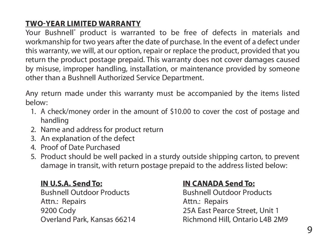 Bushnell 740100 instruction manual TWO-Year Limited Warranty, U.S.A. Send To Canada Send To 