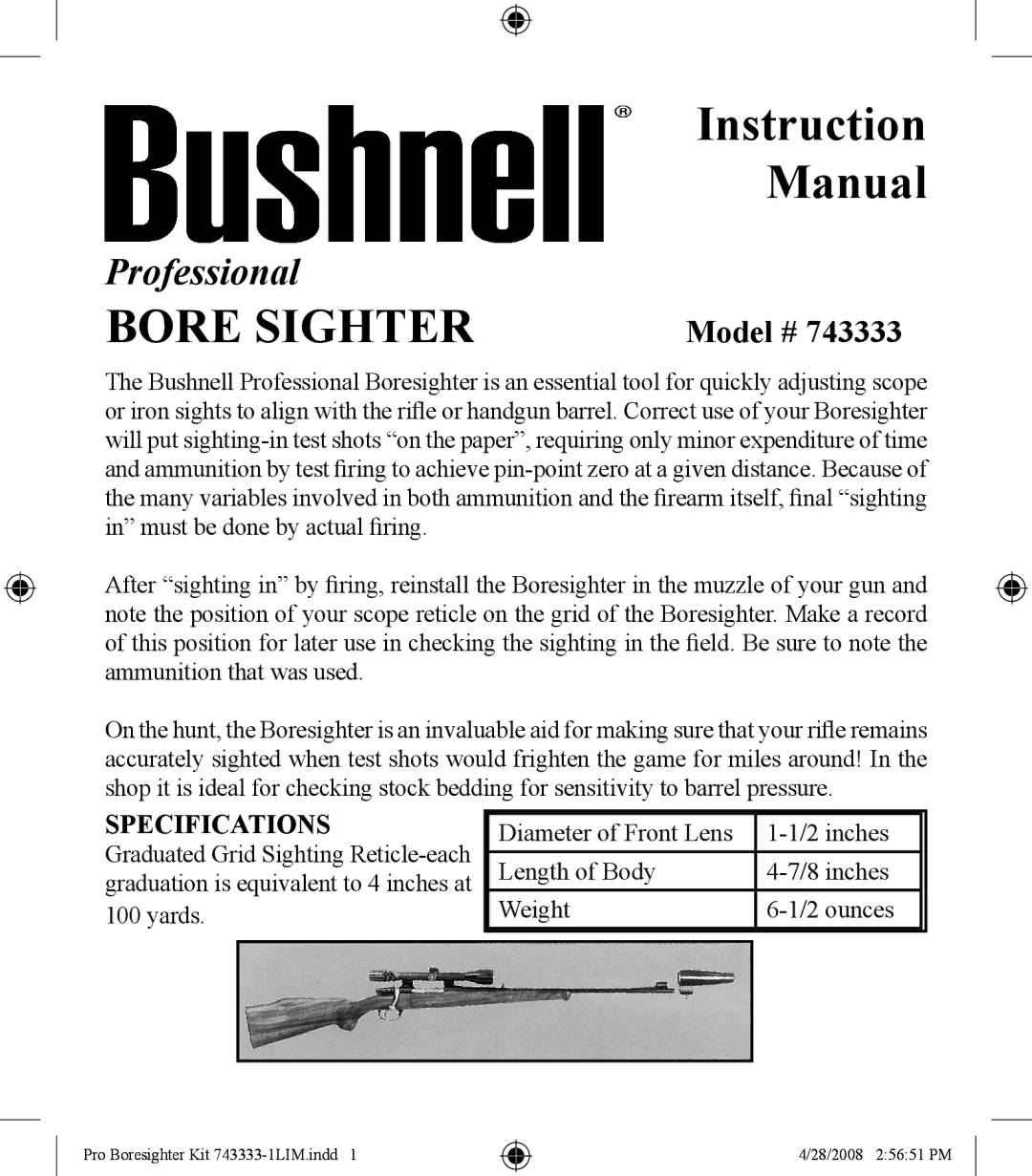 Bushnell 743333 specifications Bore Sighter 