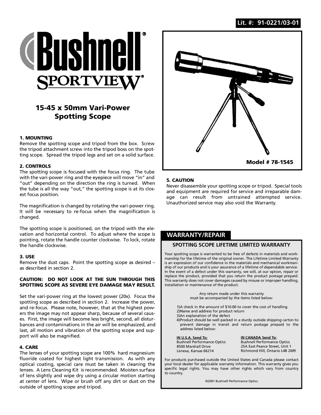 Bushnell 78-1545 warranty Mounting, Controls, Care 