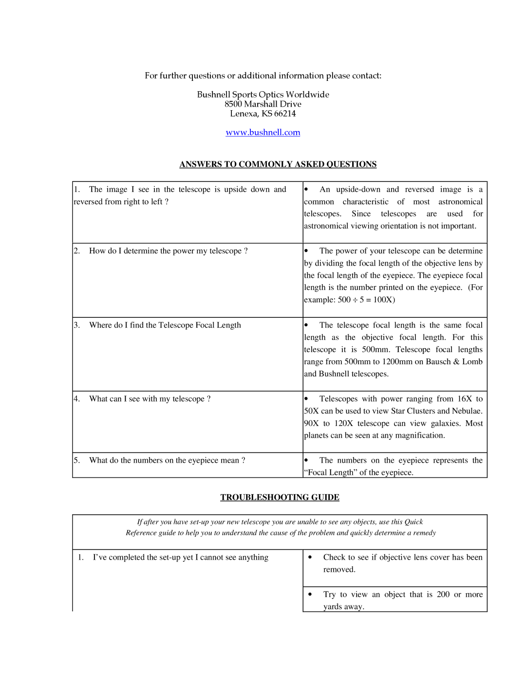 Bushnell 78-2010 manual Answers to Commonly Asked Questions, Troubleshooting Guide 