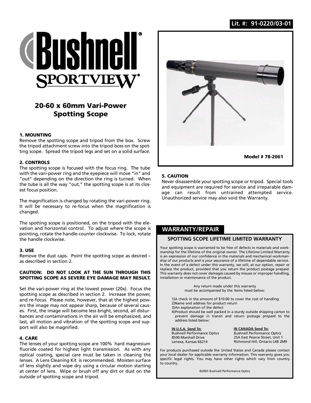 Bushnell 78-2061 warranty 20-60x 60mm Vari-Power Spotting Scope, Lit. # 91-0220/03-01, Warranty/Repair, Mounting, Controls 