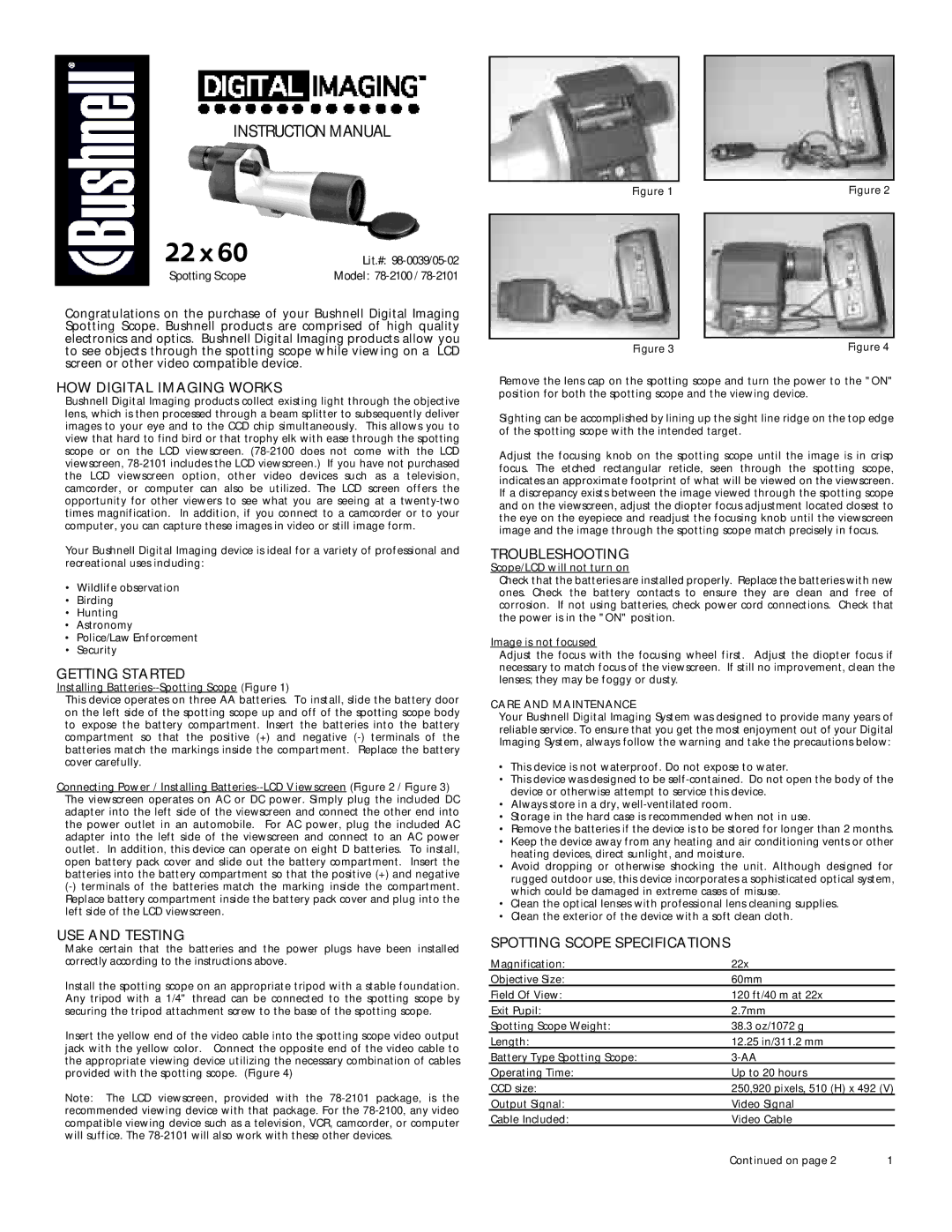 Bushnell 78-2101, 78-2100 instruction manual HOW Digital Imaging Works, Getting Started, USE and Testing, Troubleshooting 