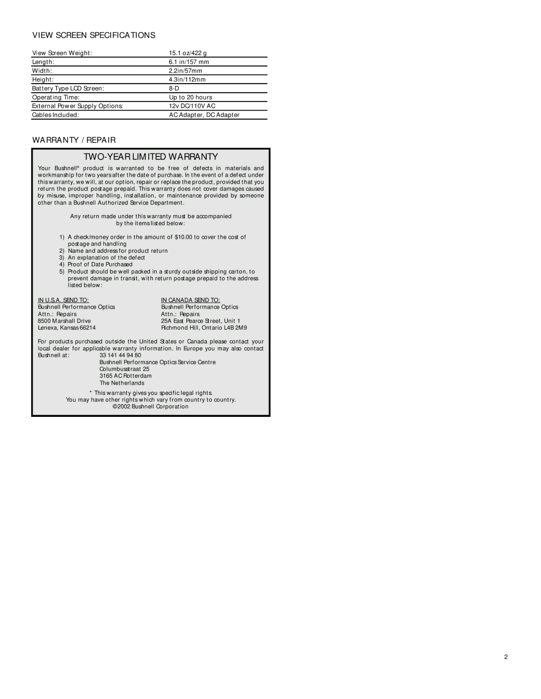 Bushnell 78-2100, 78-2101 instruction manual View Screen Specifications, Warranty / Repair, U.S.A. Send to Canada Send to 