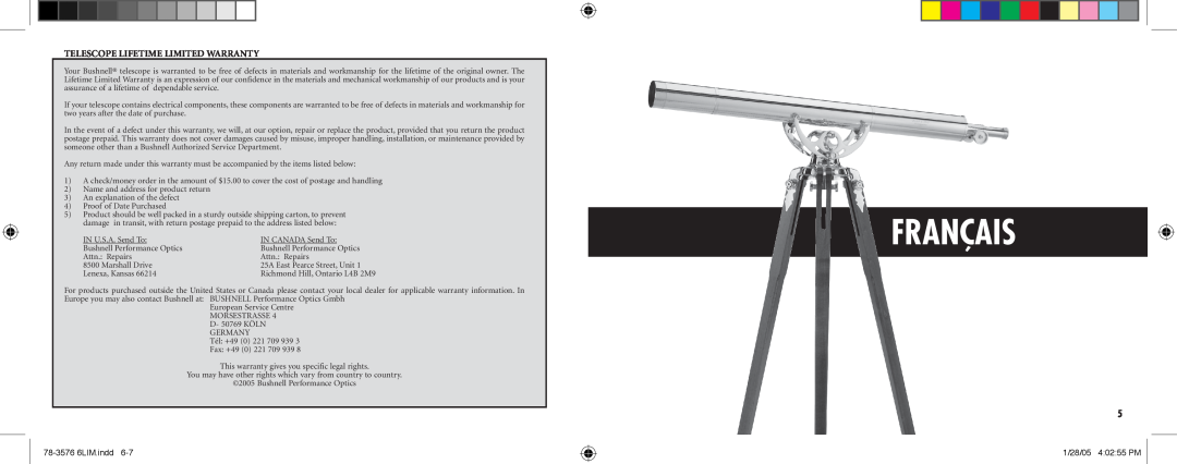 Bushnell 78-3576 instruction manual Français, Telescope Lifetime Limited Warranty 