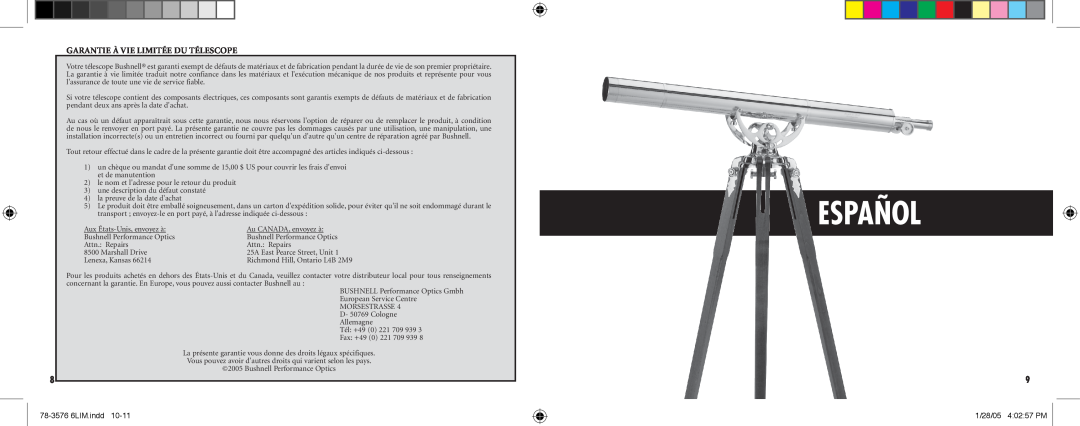 Bushnell 78-3576 instruction manual Español, Garantie À Vie Limitée Du Télescope 