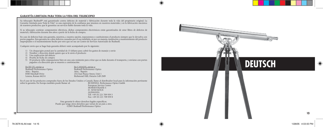 Bushnell 78-3576 instruction manual Deutsch, Garantía Limitada Para Toda La Vida Del Telescopio 