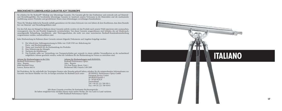 Bushnell 78-3576 instruction manual Italiano, Beschränkte Lebenslange Garantie Auf Teleskope 
